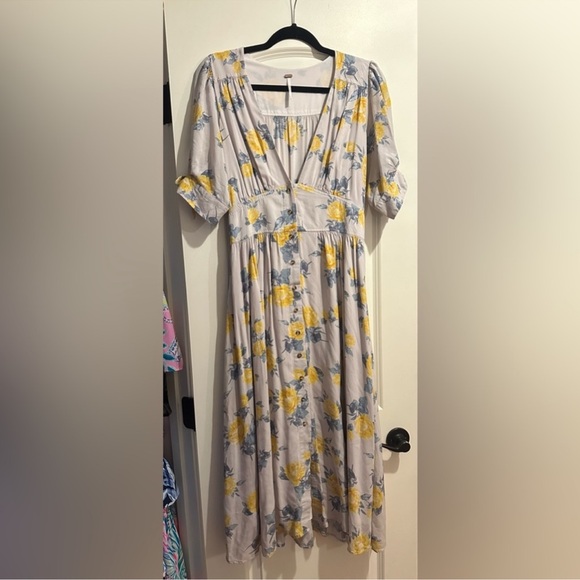 Free People—Love of My Life Dress, Floral Yellow Gray, Sleeves, Plunge, Midi—M - Picture 2 of 6
